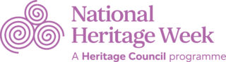 National Heritage Week Logo 2025 - Pink text on a white backgrround which also includes the Heritage Council emblem of 3 spirals