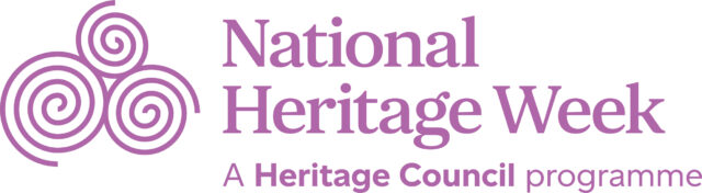 National Heritage Week Logo 2025 - Pink text on a white backgrround which also includes the Heritage Council emblem of 3 spirals