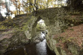 view of a cobbled stone bridge, with trees surrounding it