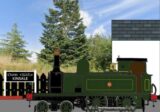 A cartoon train rides by trees.