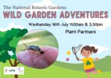 Poster includes text details for Wild Garden Adventures event along animated images of a tree, a child holding a net and a superimposed image of a real life bug on a finger.