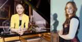Two women sit by a piano.
