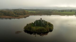 aerial view of the castle island at sunset