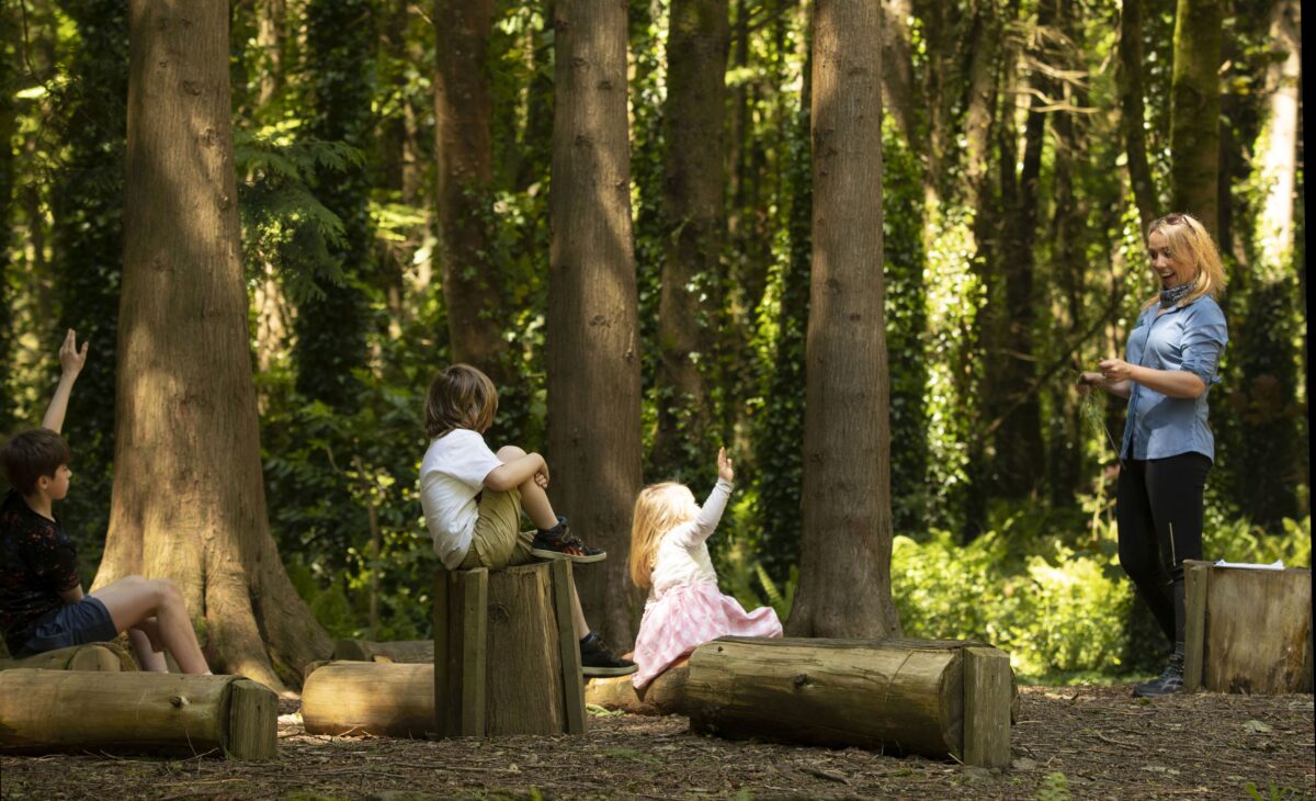 Children in an outdoor classroom in the woods at JFK