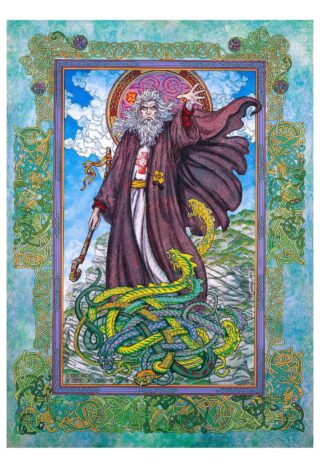 design of saint patrick with his hand outstretched and snakes at his feet
