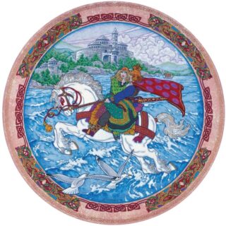 design of Oisín and Niamh on a horse riding through the water