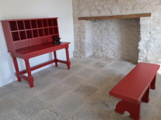 writing desk and bench in red