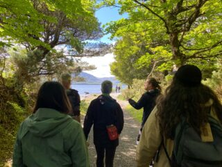 A group on a guided tour facing an Island