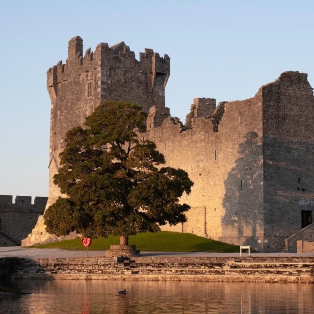 A castle in the background of water