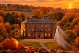 an image of Doneraile Court tinged in an orange hue, with a pumpkin and floating white lady in the foreground to represent Halloween.