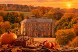 image of doneraile court tinged with an orange hue, and a pumpkin, apples and fruit loaf in the foreground. All representing Halloween.